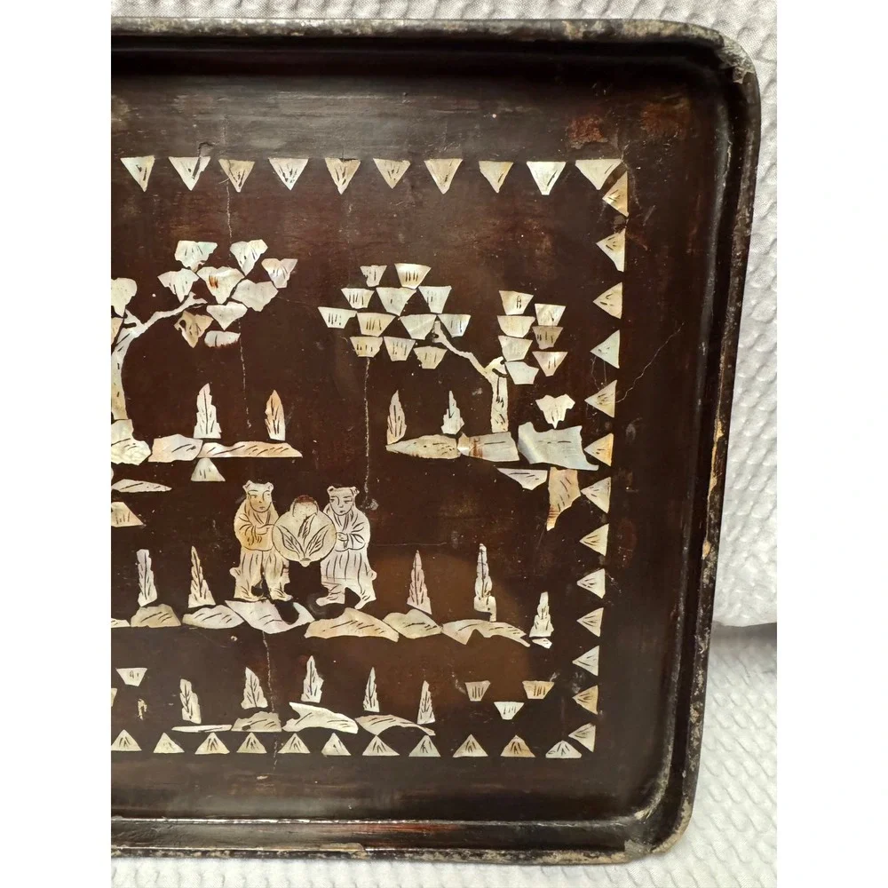 Antique Chinese Inlaid Mother of Pearl Wood Tray Tree People Figure 9.25 x 9.25